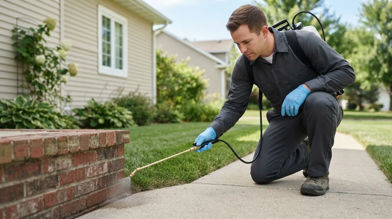 Pest control technician treating a home near Lefor, ND